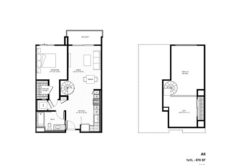 Floor plan for 1 bed, 1 bath, 876 sqft